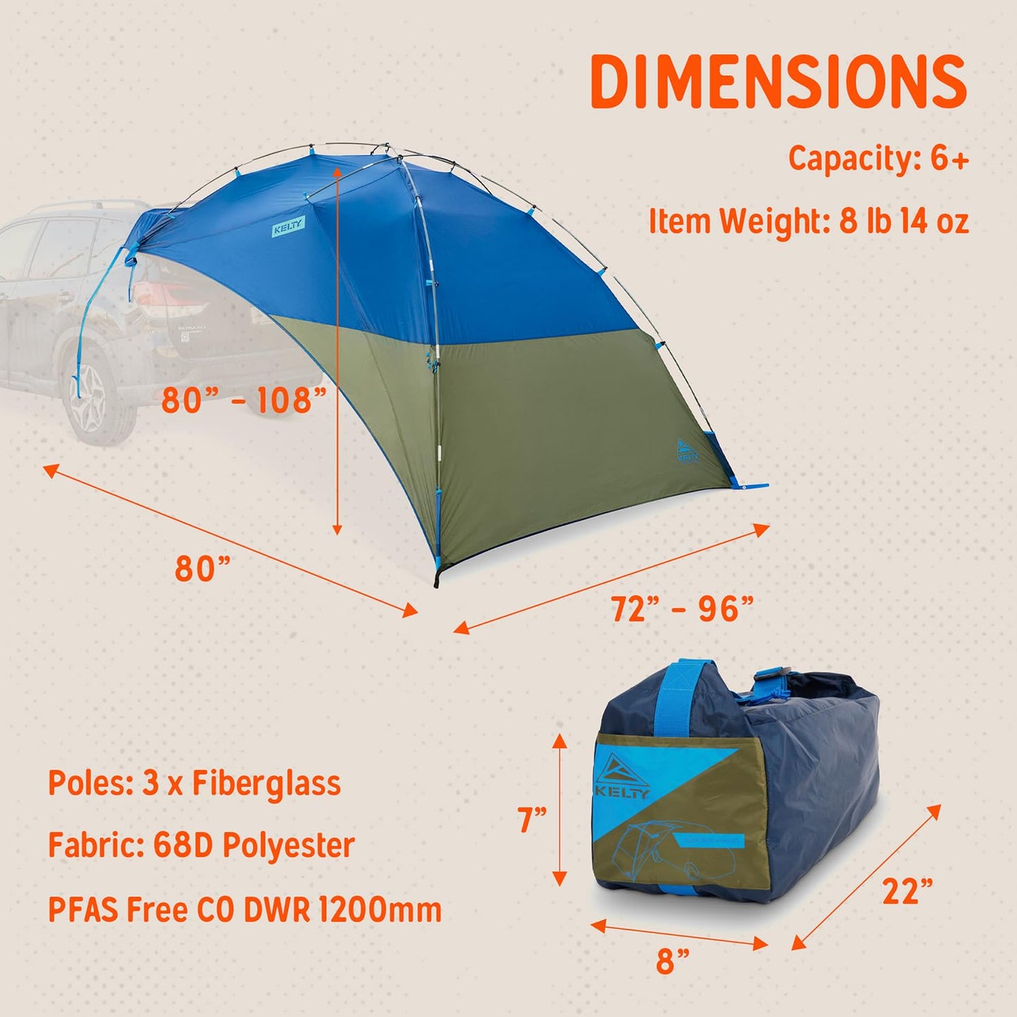 Kelty Sideroads Awning Shelter for Car Camping, Tailgating, and Summer Beach Trips, Protection from Elements and UV, Universal Mount, Sturdy Steel Frame, Easy Setup