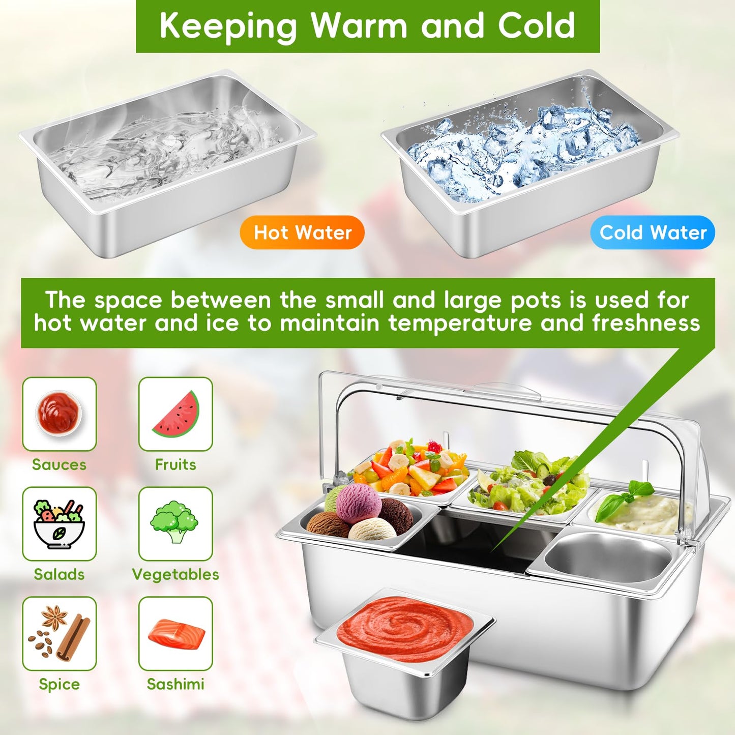 Countertop Food Serving Display Container with Clear Roll Top Cover, Stainless Steel Buffet Food Serving Tray, Condiment Serving Container Dispenser for Restaurant Kitchen Party(6 Compartments)