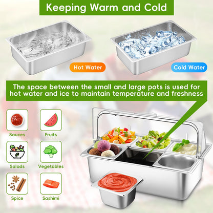 Countertop Food Serving Display Container with Clear Roll Top Cover, Stainless Steel Buffet Food Serving Tray, Condiment Serving Container Dispenser for Restaurant Kitchen Party(6 Compartments)