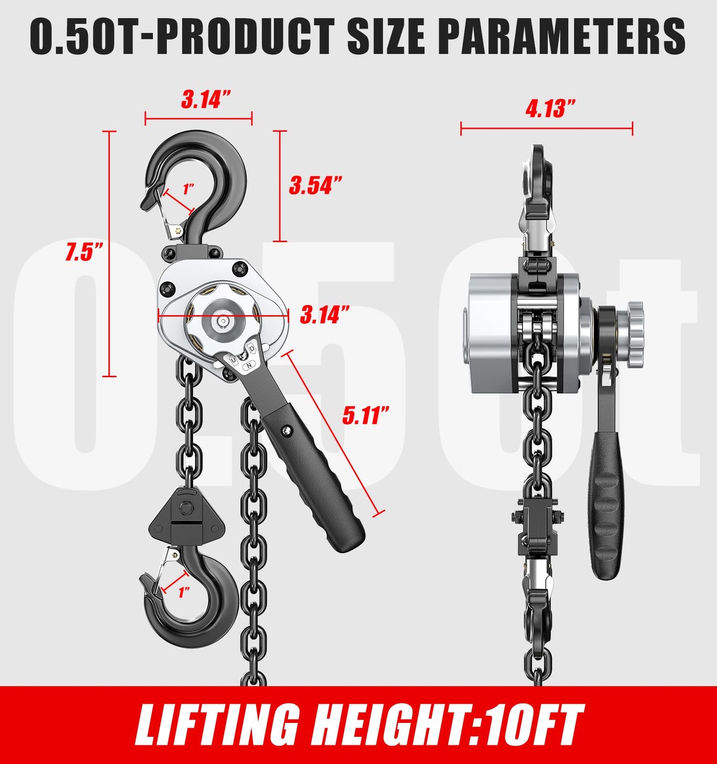 HUGOASIS Mini Lever Hoist 1/2 TON 1100 LBS Capacity 10FT Lift, Portable Aluminum Ratchet Chain Hoist with G80 Alloy Steel Chain, Dual Brake Hand Chain Puller for Lifting & Pulling,Silver