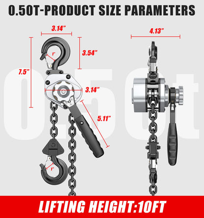 HUGOASIS Mini Lever Hoist 1/2 TON 1100 LBS Capacity 10FT Lift, Portable Aluminum Ratchet Chain Hoist with G80 Alloy Steel Chain, Dual Brake Hand Chain Puller for Lifting & Pulling,Silver