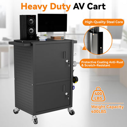 Jasdego Mobile AV Cart - Heavy Duty Computer Cart with 2 Cabinets, Rolling Media Cart with 4 Outlets & Pegboard & Hooks, Lock Brake Wheels Mobile Computer Workstation, Perfect for Home or Office