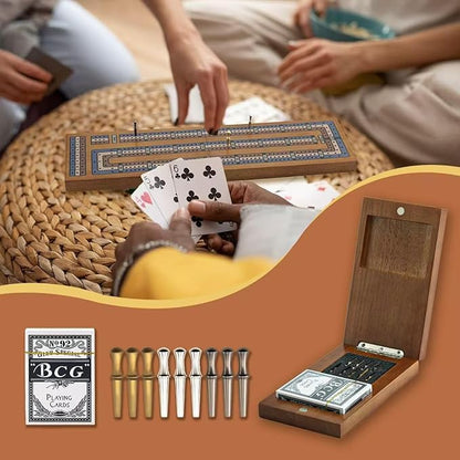 Wooden Cribbage Board Game Set Travel Cribbage Board with Storage and Collapsible with Magnetic Lock / 9 Metal Pegs/Full Deck of Cards Family Board Games for Adults