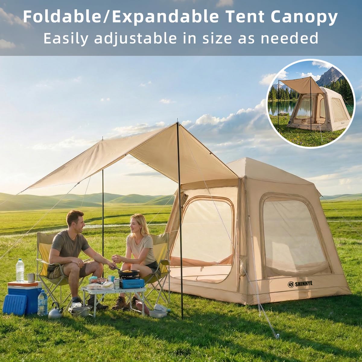 ShinHye Inflatable Tents for Camping - Blow up Tent with Awning and Pump, Easy Setup 4 Season Waterproof 420D Oxford Glamping Air Tents for Camping Adult 2/3/4 Person