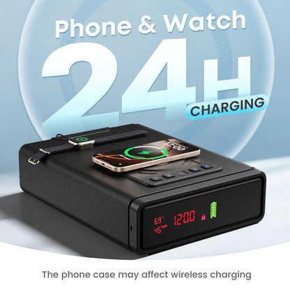 Biometric Fingerprint Gun Safe with Phone & Watch Wireless Charging, 3 Quick Access, Clock Handgun Safe with Adjustable Brightness, Backlit Keypad, Pistol safe for home, office.Gifts for Father's Day