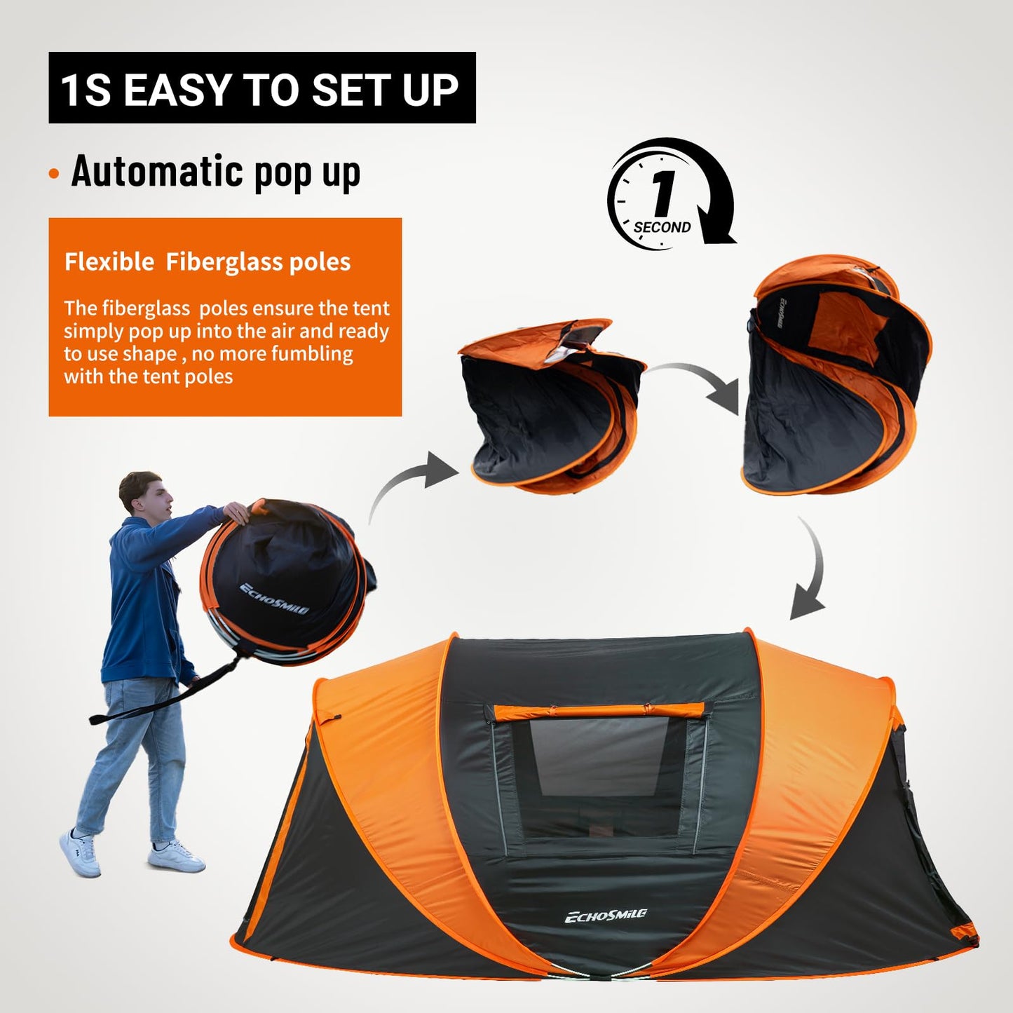 EchoSmile Instant Pop Up Camping Tent, 6 Person Easy Setup Tent, Water Resistant Dome, Portable with Carry Bag,Black & Orange,