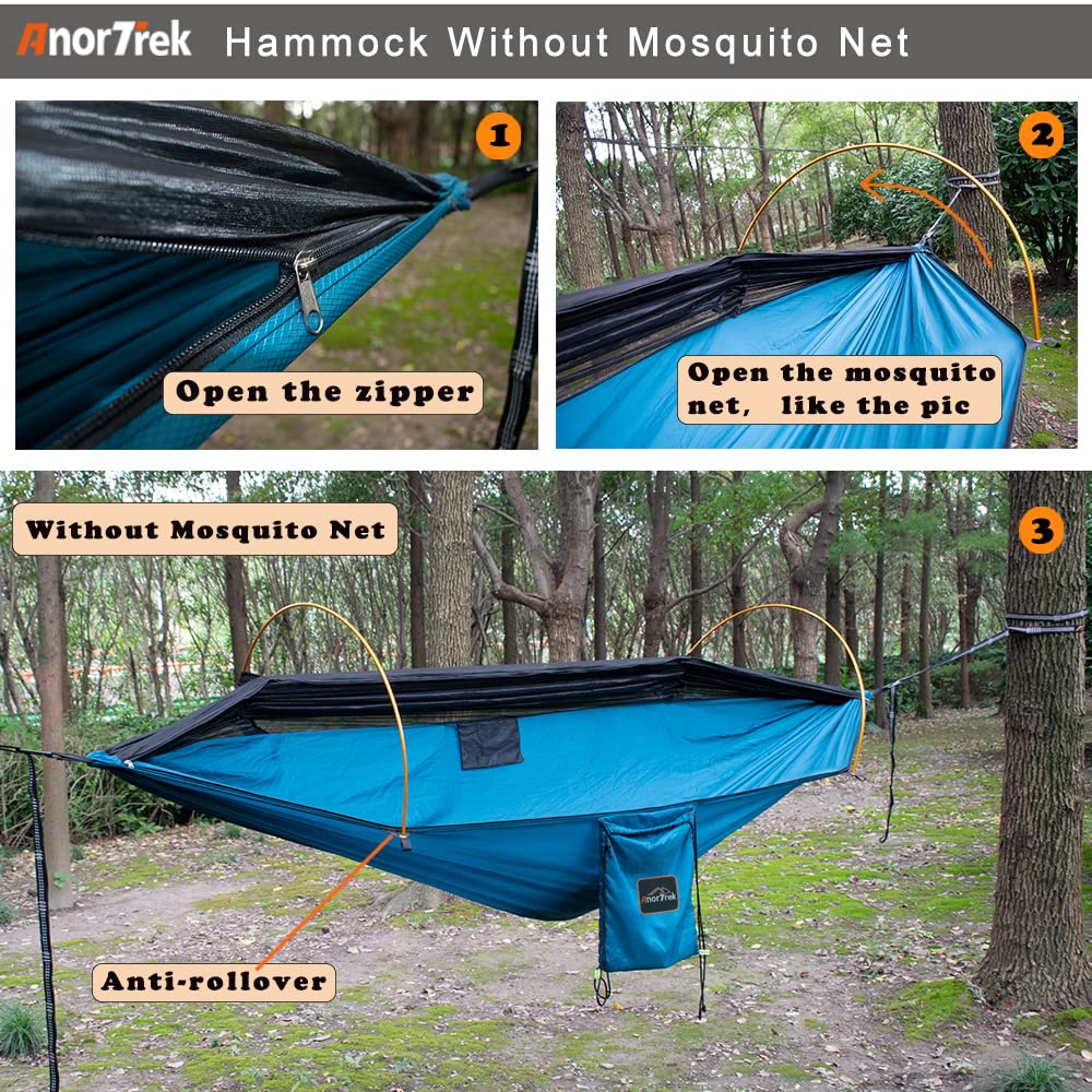 AnorTrek Camping Hammock with Mosquito Net and Rain Fly Tarp, Portable Double Hammock with Two Tree Straps, 230T Nylon Hammock and Waterproof Rain Fly Set for Hiking, Backpacking, Overnight (Green)