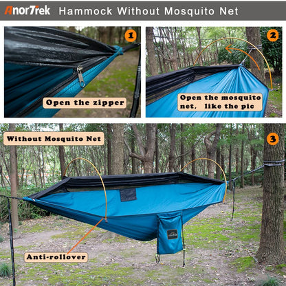 AnorTrek Camping Hammock with Mosquito Net and Rain Fly Tarp, Portable Double Hammock with Two Tree Straps, 230T Nylon Hammock and Waterproof Rain Fly Set for Hiking, Backpacking, Overnight (Green)