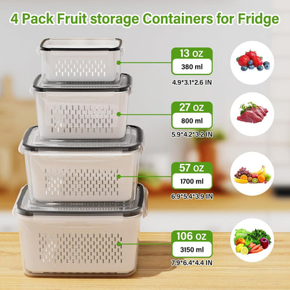Skiennix 4 PCS Fruit Storage Containers - All-In-One Produce Wash Bowl with Removable Colander | Microwave & Dishwasher Safe