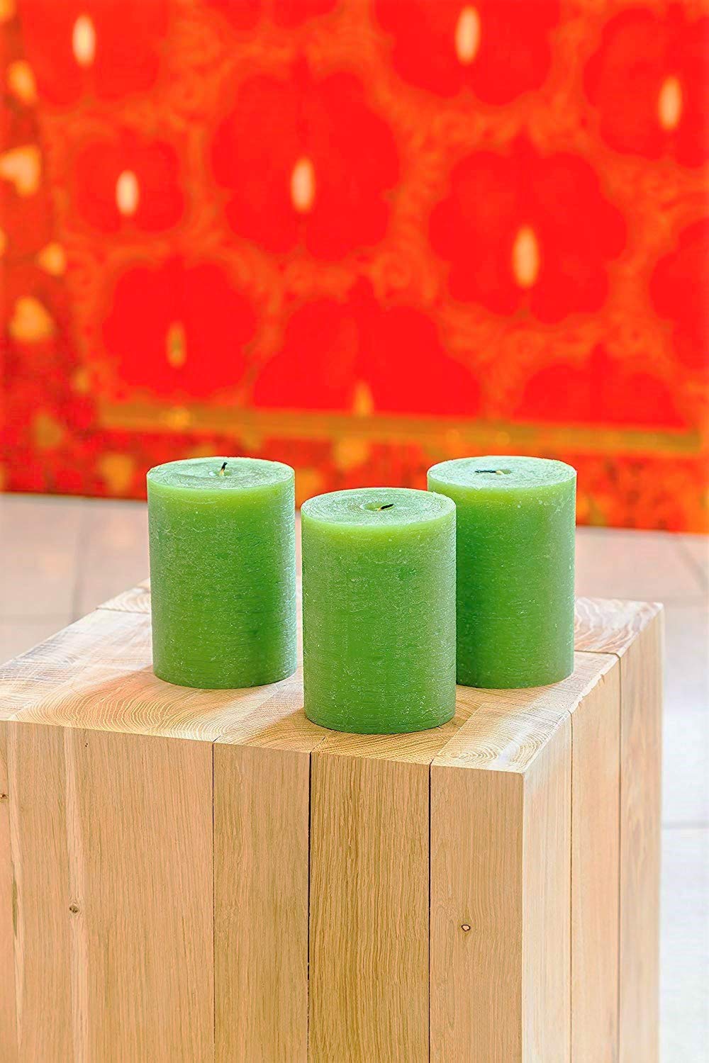 Melt Candle Company Set of 3 Pillar Candles 3" x 4" Unscented Handpoured Weddings, Home Decoration, Restaurants, Spa, Church Smokeless Cotton Wick - Green