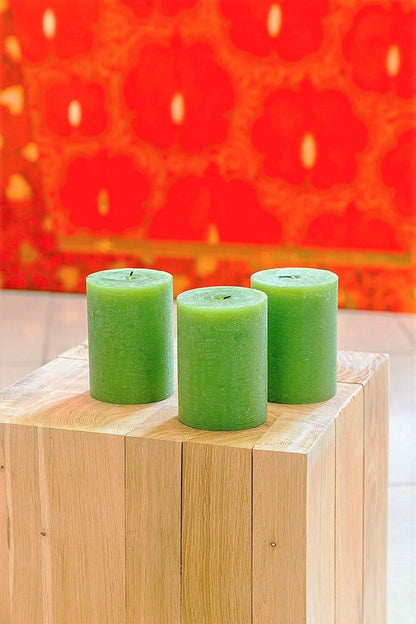 Melt Candle Company Set of 3 Pillar Candles 3" x 4" Unscented Handpoured Weddings, Home Decoration, Restaurants, Spa, Church Smokeless Cotton Wick - Green