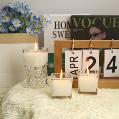 12 Pack White Small Square Glass Candles, Unscented Votive Candles, for Outdoor Dinner Party, Patio, Glamping Essentials, Outside