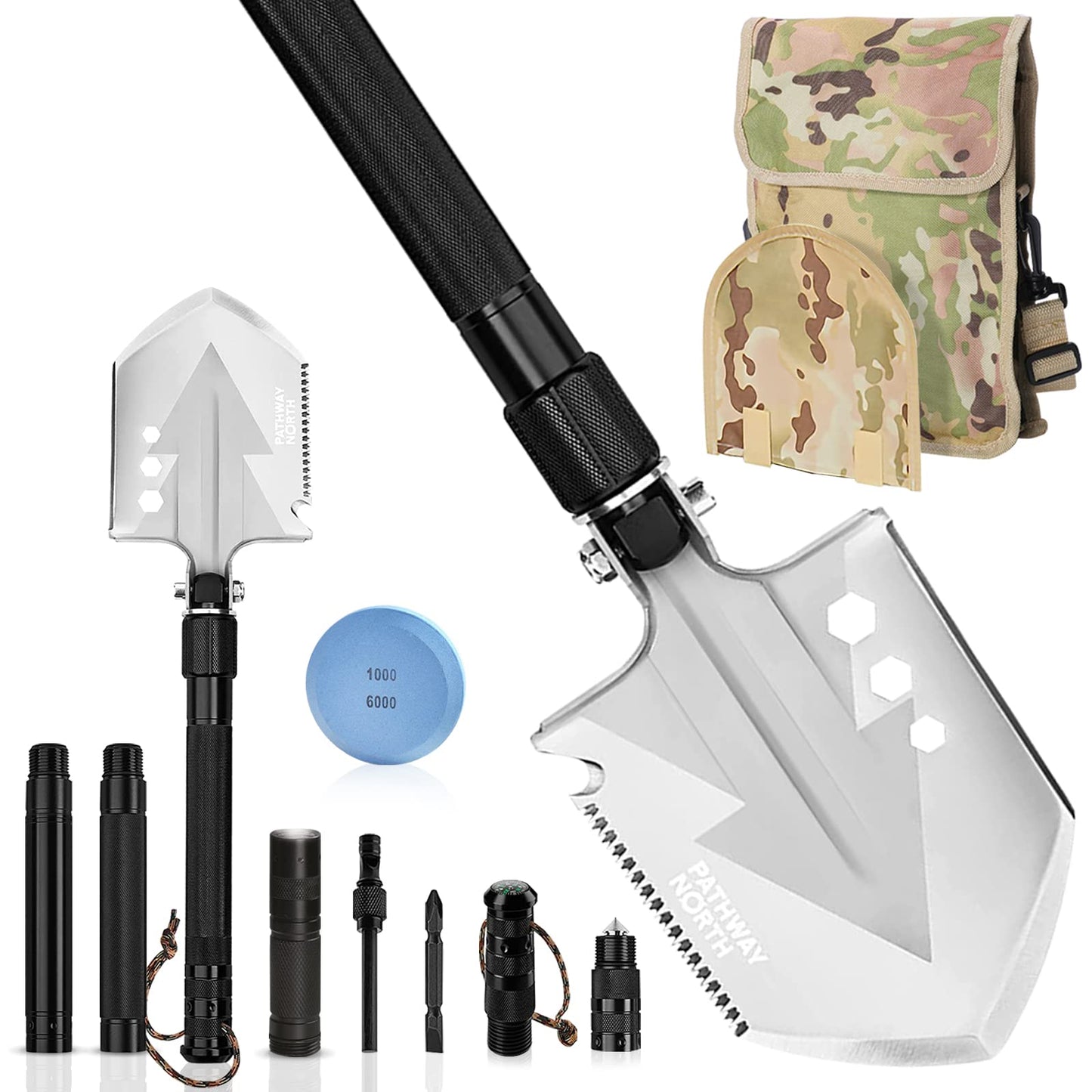 Pathway North Survival Shovel Stainless Steel Folding Multi-Tool Survival Flashlight – Equipment for Outdoor With Self Defense Hiking Stick Hunting Emergency Survival Kit For Backpacking, Camping Gear