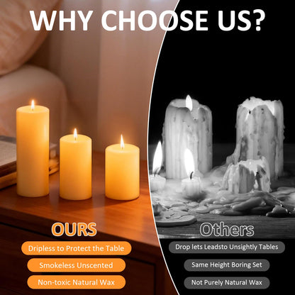 Trxvxo Ivory Pillar Candles, 6-Pack Bulk Set in 3 Sizes (3, 6 & 8 Inch - 2 Each). Dripless, Unscented & Smokeless Hurricane Candles for Weddings, Parties & Home Decor.