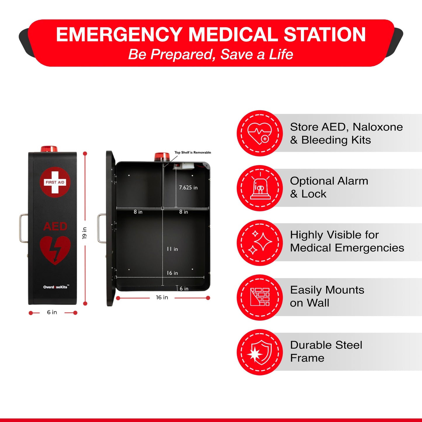 OVERDOSE KITS Emergency Medical Station – Wall Mount Cabinet for AEDs, Naloxone, Bleeding Control & First Aid Kits – Public Space Storage Solution – Black, Medium (AED & Accessories Not Included)