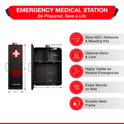OVERDOSE KITS Emergency Medical Station – Wall Mount Cabinet for AEDs, Naloxone, Bleeding Control & First Aid Kits – Public Space Storage Solution – Black, Medium (AED & Accessories Not Included)