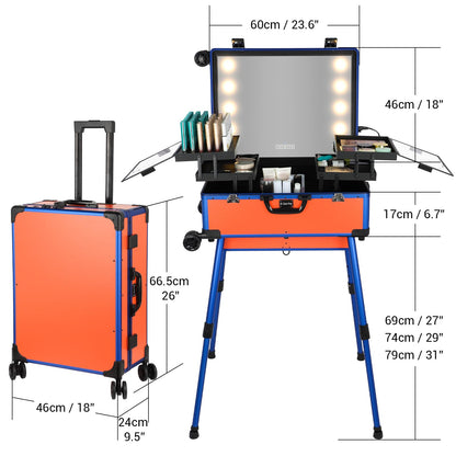 Aiborke Rolling Makeup Train Case with Lighted Mirror and Bluetooth Speaker Professional Cosmetic Organizer Case with Wheels, Stands Portable Makup Station Vanity for Travel (Orange, Large)