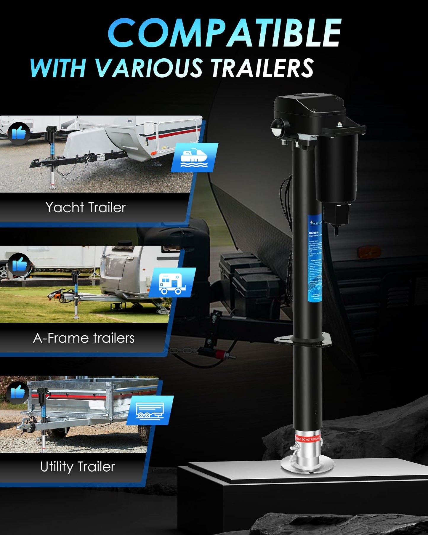 POLESTAR Electric Trailer Jack, Power Tongue Jack 4000 lbs, Electric Tongue Jack for Lifting RV Travel Camper Utility Yacht Trailer, 12V DC, 9"-27" Lift