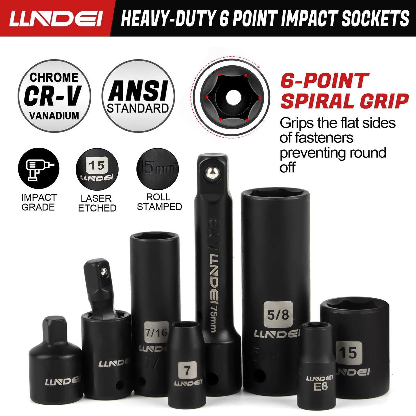 LLNDEI 1/4 & 3/8 Inch Drive Impact Socket Set, 186 Pieces Metric and Standard Full Sockets, CR-V Deep & Shallow Sockets Tool Set with Ratchet Wrench Handle, Spark Plug Socket, Bits for Mechanic