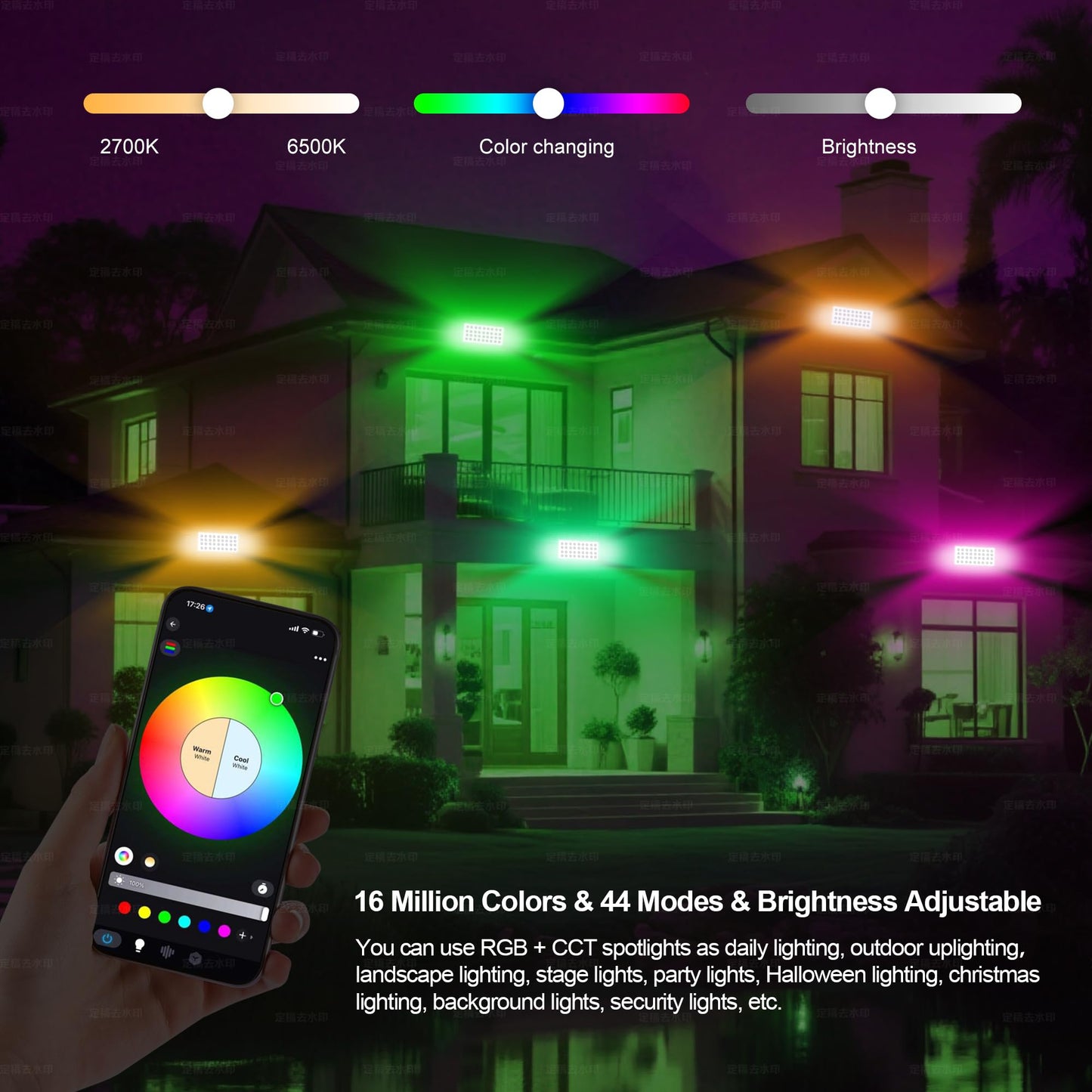 Jabbatek Party Lights Outdoor Smart Flood Light, 180W RGBCW Color Changing LED, 2700–6500K Tunable White, WiFi App & Voice Control, 50 Scenes, 1–100% Dimmable, IP65 Linkable Wall Washer Lights