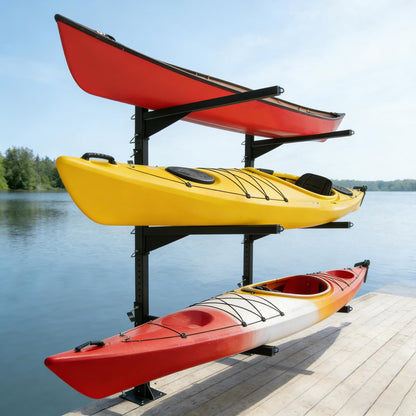 LAJIAOZ Heavy Duty Kayak Storage Rack for Dock/Garage, Adjustable Freestanding Kayak Stand or Wall Mount Kayak Rack, 3-Tier Indoor Outdoor Canoe Storage Rack for 3-4 Kayaks, SUP & Paddleboard