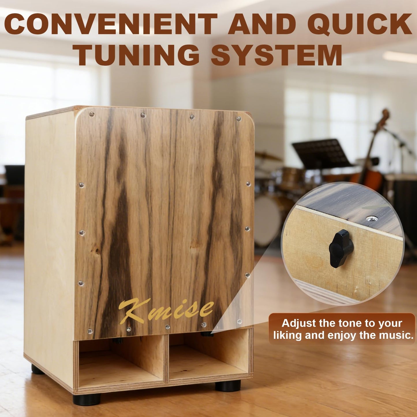 Kmise Portable Cajon Drum Box, 11.8×12.2×19.6" Adjustable Snare Cajons Drums, Solid Ebony & Birch Wood, Percussion Instrument Gift for Adults Kids, With Carry Bag,for Home Live Performance Practice