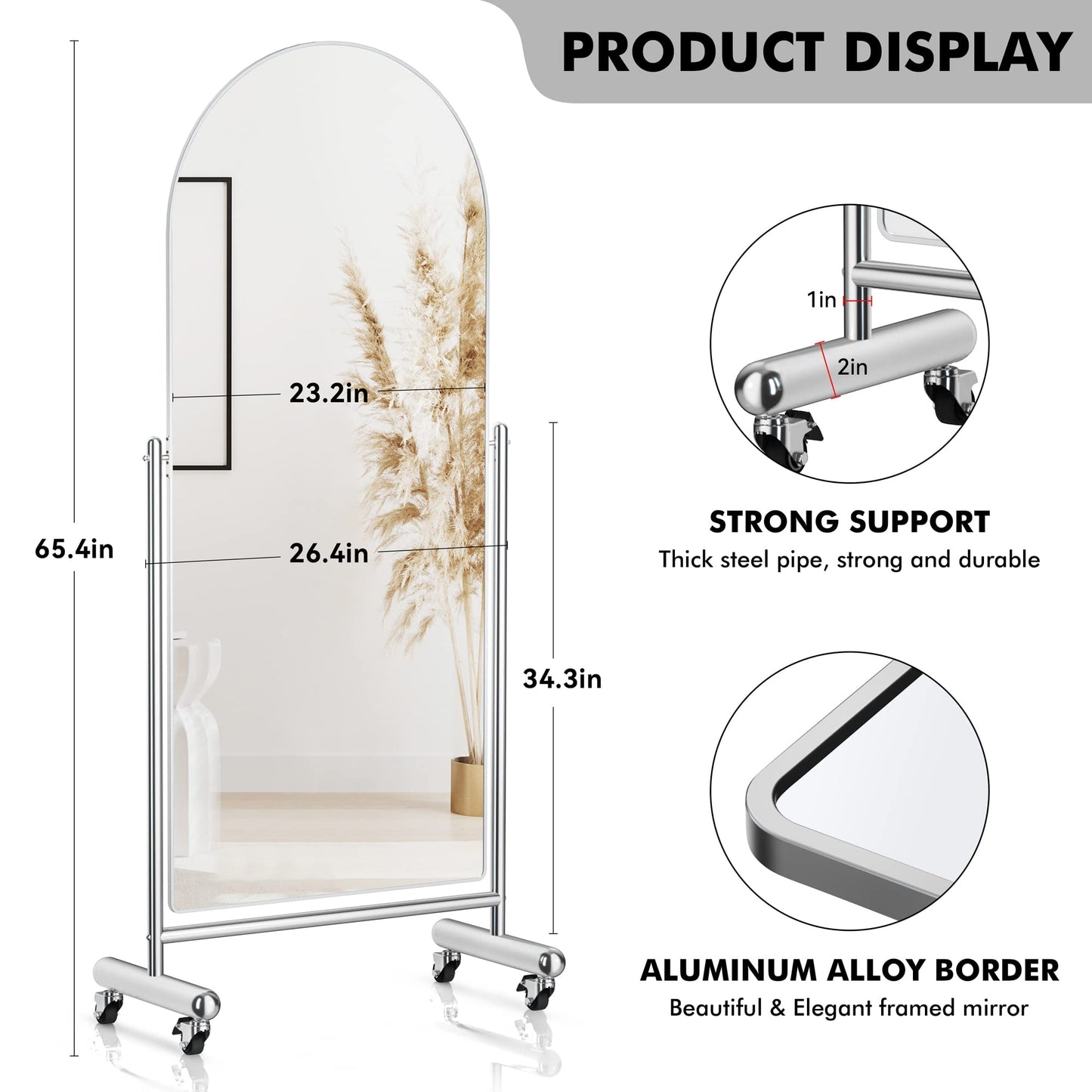 AISUNDY Arched Mobile Full Length Floor Mirror on Rolling Wheels, 65" Lx23 W Large Modern Tilting Swivel Mirror with Stainless Steel Frame, Silver, Use for Dressing,Dancing,Fitness,Gym Exercise