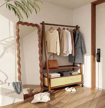 TEDIDUWA 61" Heavy Duty Rolling Clothes Rack, 110 lbs Capacity Solid Bamboo Garment Rack with Double Layer Shelf, Portable Wardrobe & Wood Coat Rack for Bedroom, Laundry, Closet (Walnut)