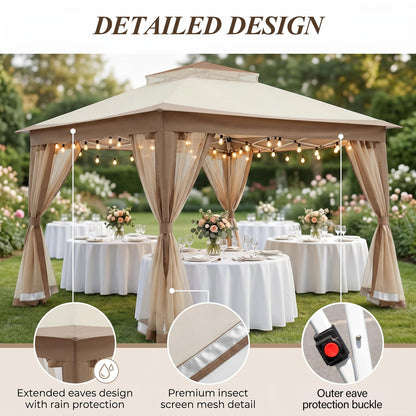 11x11 Pop Up Gazebo, Instant Waterproof Outdoor Canopy Tent with Removable Mesh Netting, UV Protection Portable Sun Shelter with Wheeled Cover Bag for Patio Backyard, Khaki