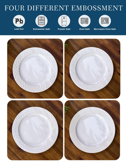 Pyrilo 10.4-Inch Embossed Ceramic Plates Set of 4 - Arctic White Dinner Plates for Kitchen Dining Microwave Dishwasher Safe Scratch Resistant Plate Sets Housewarming Wedding Gift