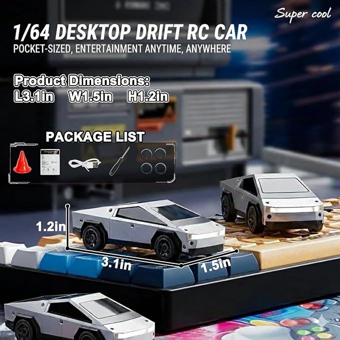 1/64 Scale Mini RC Drift Car 4WD Micro RC Car with LED Lights 2 Speed Modes &amp Portable Remote Storage Case Proportional throttle Rechargeable Desktop Toy for Adults Kids Includes 2 Sets of Ti