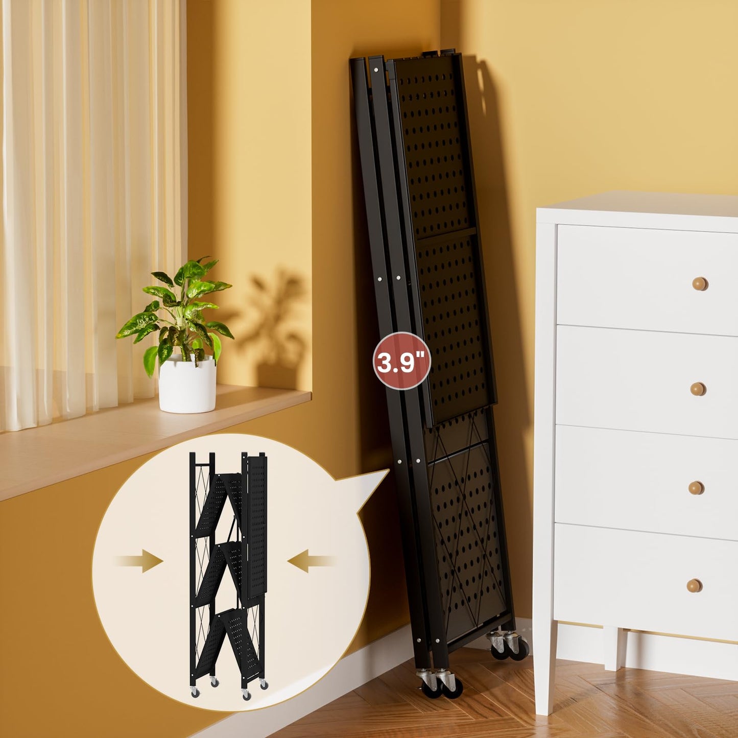 ALANNG Folding Storage Shelves with Wheels, 3 Tier and 4 Tier (2 Pack, Black)