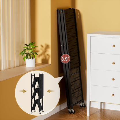 ALANNG Folding Storage Shelves with Wheels, 3 Tier and 4 Tier (2 Pack, Black)