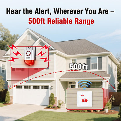 Daytech Panic Alarm Button-Strobe Siren Alarm with Light for Home Caring, 500ft Range, Loud Outdoor SOS Alert System with 2 Red Flashing Siren & 4 Panic Button for Store/Hotel/Jewelry/Shop Security