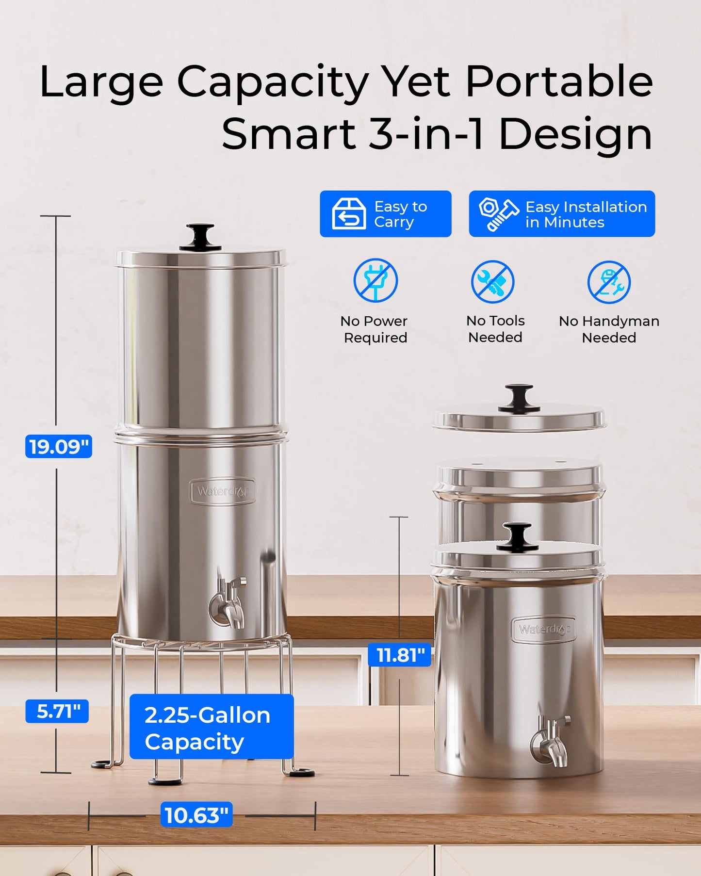 Waterdrop Gravity-fed Water Filter System, Reduces Lead and up to 99% of Chlorine, NSF/ANSI 42&372 Standard, with 2 Black Carbon Filters and 2 Alkaline Water Filters