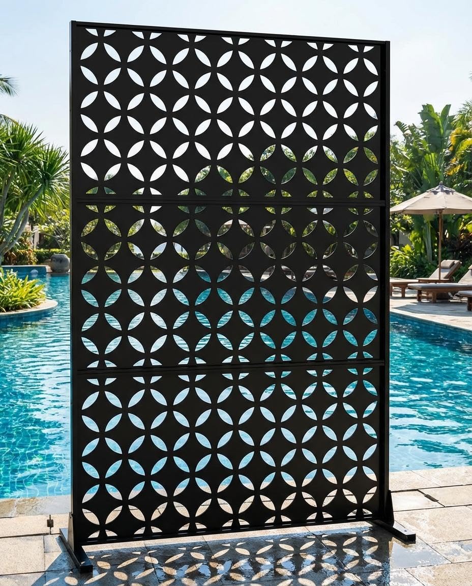 72" h × 47" w Outdoor Privacy Screen, Laser Cut Metal Garden Divider Panel with Tropical Leaf Design, Freestanding Weatherproof Privacy Fence for Patio Deck Backyard Balcony