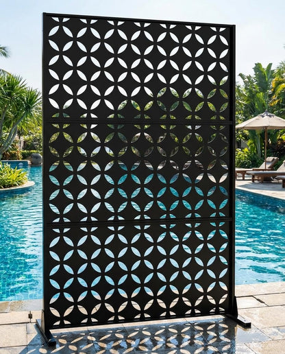 72" h × 47" w Outdoor Privacy Screen, Laser Cut Metal Garden Divider Panel with Tropical Leaf Design, Freestanding Weatherproof Privacy Fence for Patio Deck Backyard Balcony