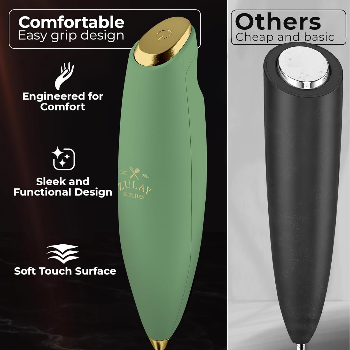 Zulay Kitchen Tornado Triple Whisk Milk Frother - Handheld Foam Maker for Coffee, Lattes & More - Olive & Gold
