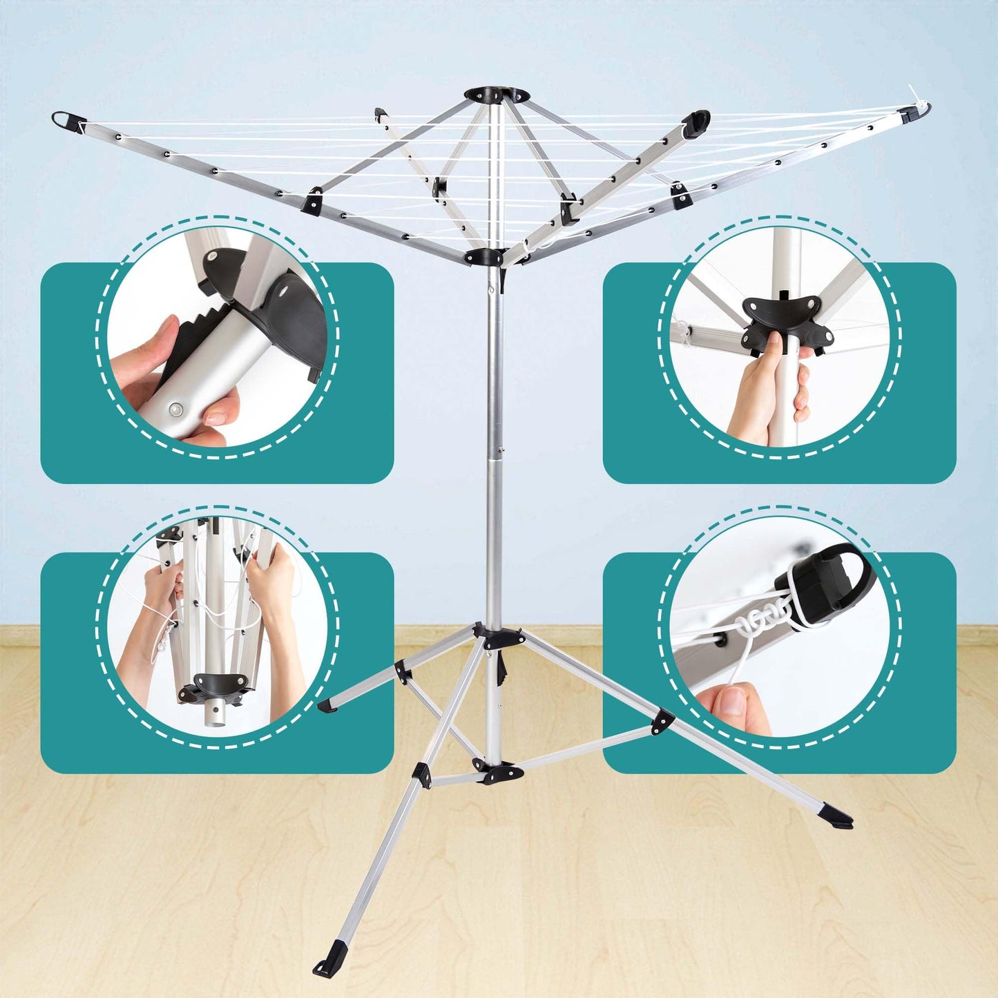 SUPTINWEAR 65FT Portable Umbrella Clothesline, 4-Leg Stable Freestanding Drying Rack for Indoor Outdoor Use, Foldable Rotary Laundry Rack with Adjustable Height, No Assembly