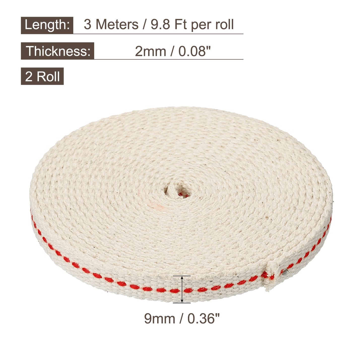 MECCANIXITY Oil Lamp Wick, 0.35 Inch Flat Wide, 10 Ft Cotton with Red Stitch, Model mea220517ee0484