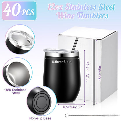 Sieral 40 Pack Insulated Wine Tumblers Bulk 12oz Stainless Steel Wine Cups with Lids & Straws, Double Wall Vacuum Coffee Tumbler for Wedding Party, Employee Teacher Nurse Gifts(Black, White, Silver)