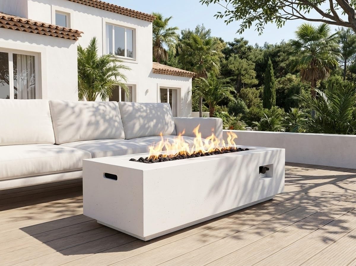 Christopher Knight Home Rado Outdoor Propane Fire Pit Table with Lava Rock, No Assembly Light Concrete Tank Table for Patio, 40000 BTU, Rectangular Tabletop Fire Pit Outdoor, Patio Fire Table, White