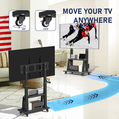 Duiliuu Mobile TV Cart with Power Outlet Rolling TV Stand for 42 to 100 inch Television Heavy Duty Portable TV Stand on Wheels, Height Adjustment, Holds Up to 180 LBS, Vesa 200×200-900×600mm