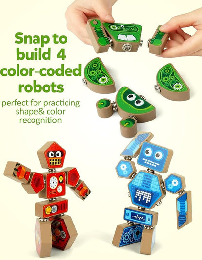Coogam Snap Together Robot Builders for Toddlers Wooden Take Apart Robot Build Block Playset Fine Motor Skill STEM Educational Montessori Toy Gift for 3 4 5 Years Old Kids