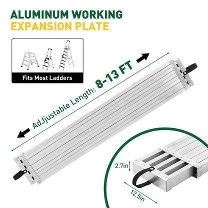 8–13 ft Aluminum Telescoping Plank, 440 Lbs Load Capacity Adjustable Extension Work Platform, 12.5" w x 2.7" h Non-Slip Scaffolding Plank for Ladder, Scaffold, Painting, and Maintenance Projects