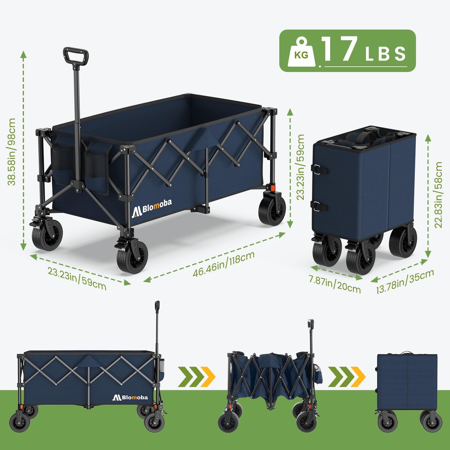Collapsible Wagon Cart, 330LBS Heavy Duty Folding Cart with Wheels 360° Rotation, Built-in Brakes, Flexible Handle, Portable Utility Wagon for Grocery Sports Garden Shopping Camping, Blue