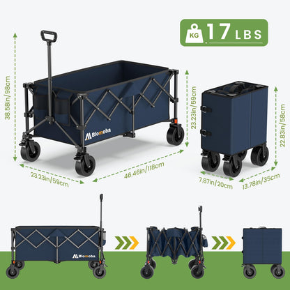 Collapsible Wagon Cart, 330LBS Heavy Duty Folding Cart with Wheels 360° Rotation, Built-in Brakes, Flexible Handle, Portable Utility Wagon for Grocery Sports Garden Shopping Camping, Blue