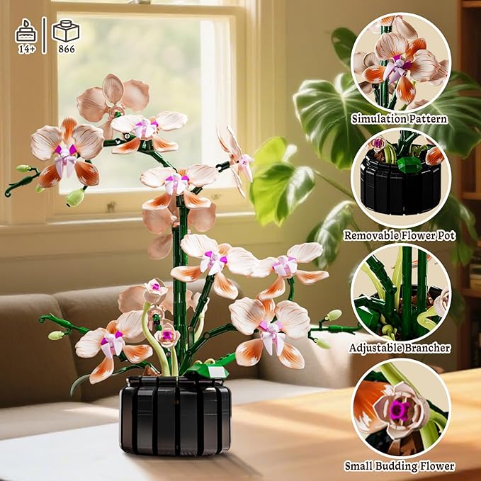 Champagne Orchid Flower Building Set Icon Flowers Building Block Compatible with Lego Stunning Botanical Display Gift for 8-14 Kids and Adults (866 Pcs)