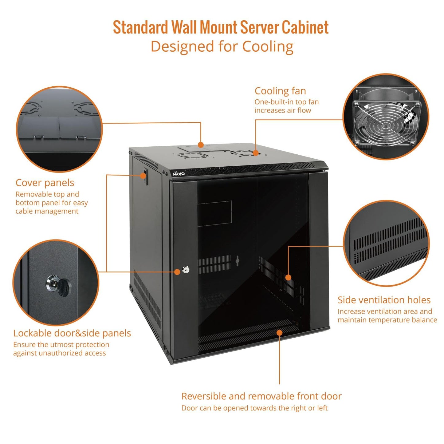 Tecmojo 12U Wall Mount Server Cabinet IT Network Rack Enclosure Lockable Door and Side Panels Black,Cooling Fan,Glass Door,17.7inch Depth,for 19” IT Equipment,A/V Devices