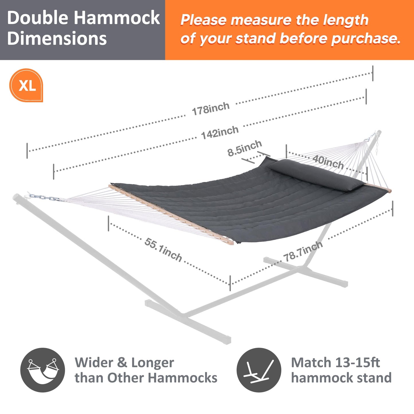 SUNCREAT Hammocks 2 Person Hammock with Hardwood Spreader Bar, Double Rope Hammock with Polyester Pad, Dark Gray